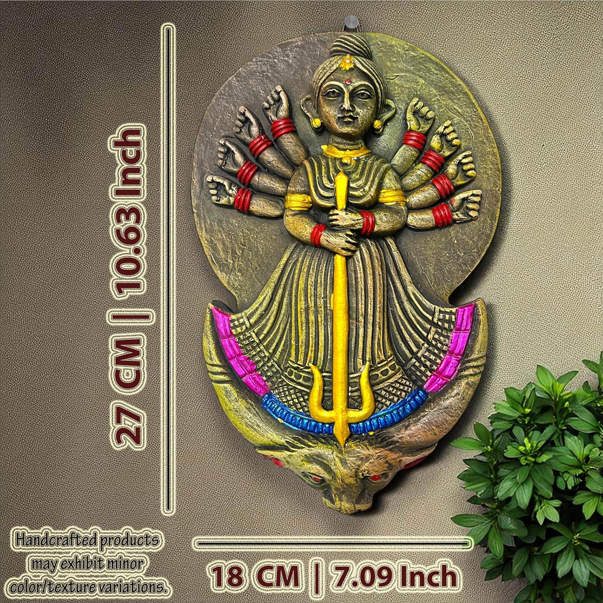 Maa Durga Terracotta Wall Hanging Idol Murti | Mahisasur Mardini Sherawali Devi MATA Wall Art Decor for Home, Temple, Mandir & Office Decor | Spiritual Gifts (27x18 CM)