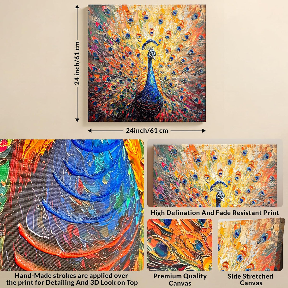 Stretched Canvas 3D Peacock Wall Art Textured Painting, Peacock Feather Art Hand-Painted Look, Stretched Canvas Giclée Print, Modern Living Room Home Decor, Side Gallery Wrap 61x61 cm