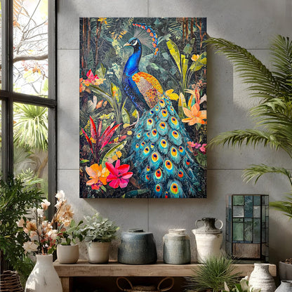 Stretched Canvas 3D Peacock Wall Art Textured Painting, Stretched Canvas Vibrant Peacock Print Hand-Painted Tropical Bird and Jungle Theme Decor, 3D Giclée Print Wall Decor 61x91 cm