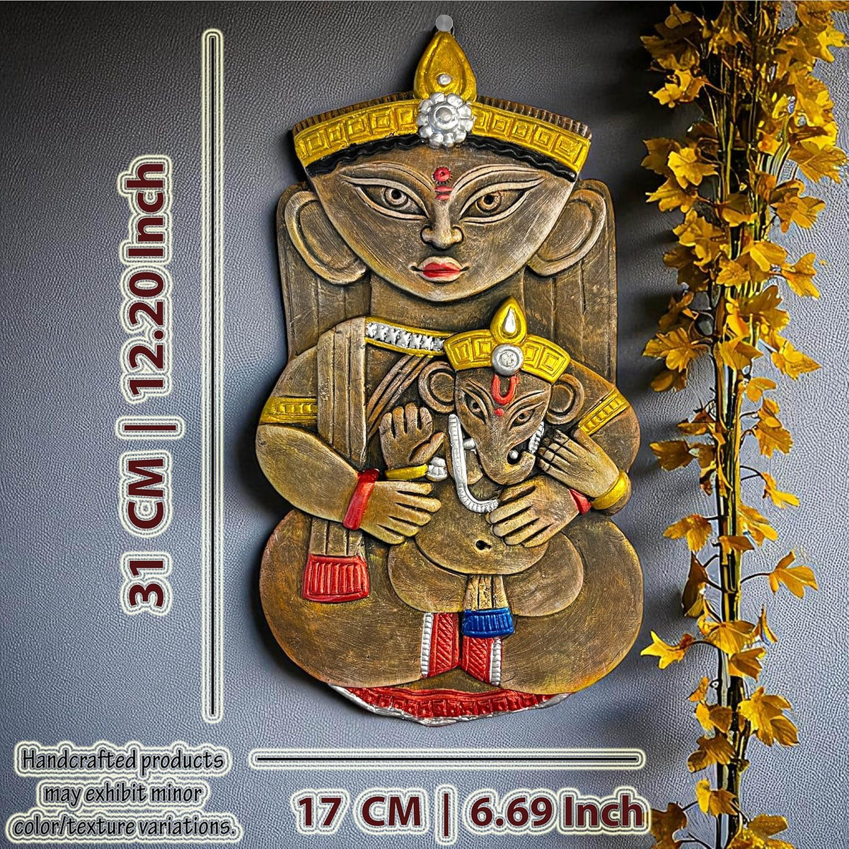 Maa Durga with Ganesh Terracotta Wall Hanging Idol Murti Decor | Devi MATA & Ganesha Janani Decor | Spiritual Art for Temple, Home & Office Decor | Spiritual Gift (31x17 CM)