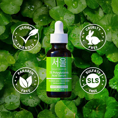 SeoulCeuticals Organic Polyglutamic Acid Korean Serum - 30ml Anti Aging Serum with Hyaluronic Acid + Centella Asiatica - K Beauty Skincare for Healthy Glowing Skin
