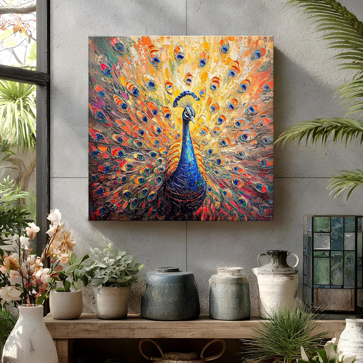 Stretched Canvas 3D Peacock Wall Art Textured Painting, Peacock Feather Art Hand-Painted Look, Stretched Canvas Giclée Print, Modern Living Room Home Decor, Side Gallery Wrap 61x61 cm