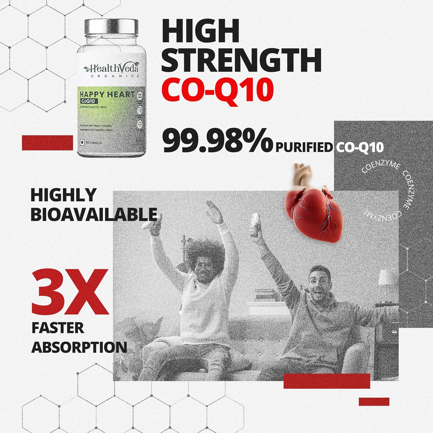 Zephivo HEALTH VEDA ORGANICS PRIVATE LIMITED Happy Heart Supplement With Coq10, Arjuna Bark, Grape Seed | 60 Veg Tablets | Supports Heart Health & Enhances Blood Circulation | For Both Men & Women