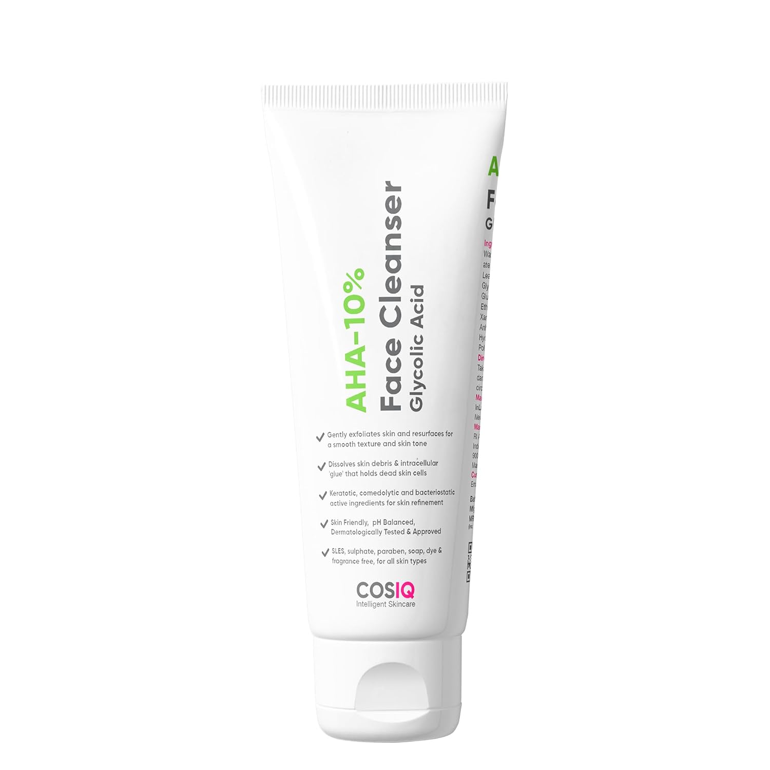 CosIQ AHA-10% Face Cleanser tube on a white background
