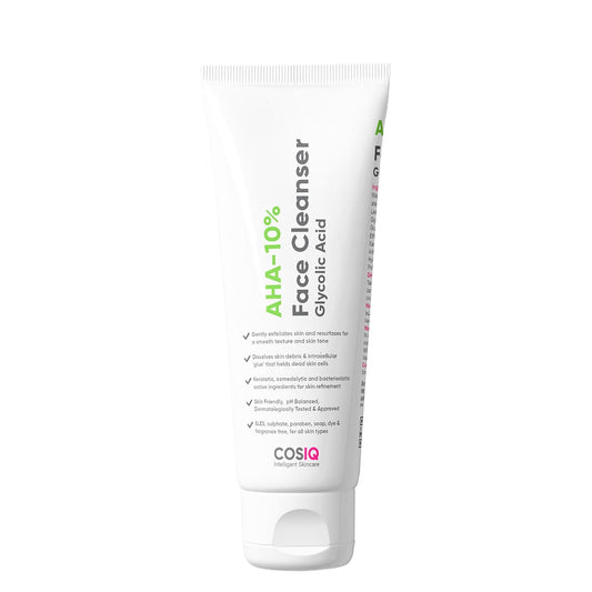 CosIQ AHA-10% Face Cleanser tube on a white background