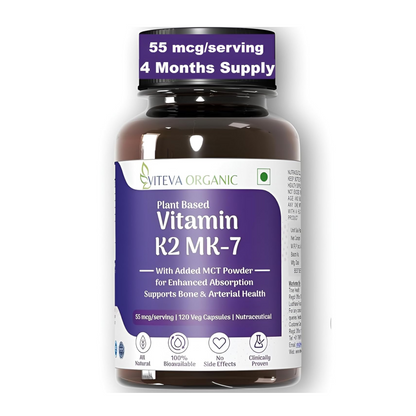 Vitamin K2 MK7 (Menaquinone-7) 55mcg 120 Veg Capsules Plant Based Vitamin K2 Supplement with MCT Powder for higher absorption - K2 MK7 Supports Strong Bones & Heart Health for Men & Women
