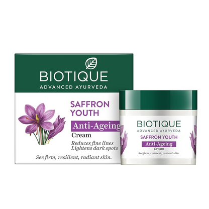 Biotique Saffron Youth Anti-Ageing Cream packaging on a white background