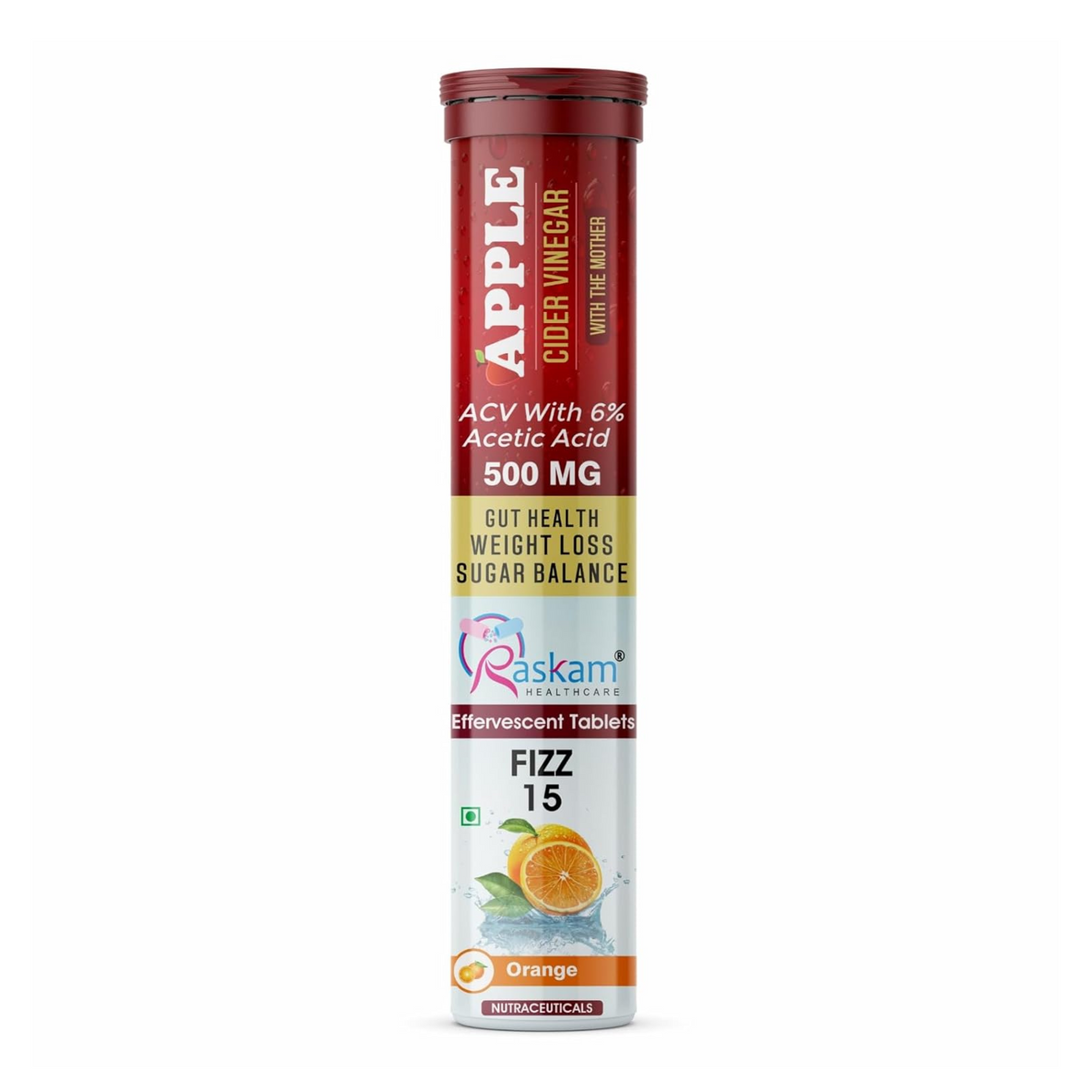 Tube of Raskam Apple Cider Vinegar effervescent tablets on a white background