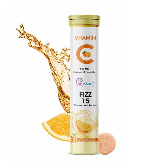 Vitamin C supplement tube with orange flavor on a white background