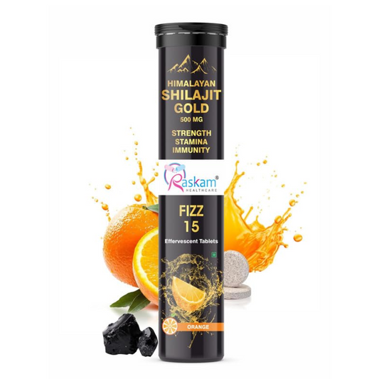Himalayan Shilajit Gold supplement with orange flavor on a white background