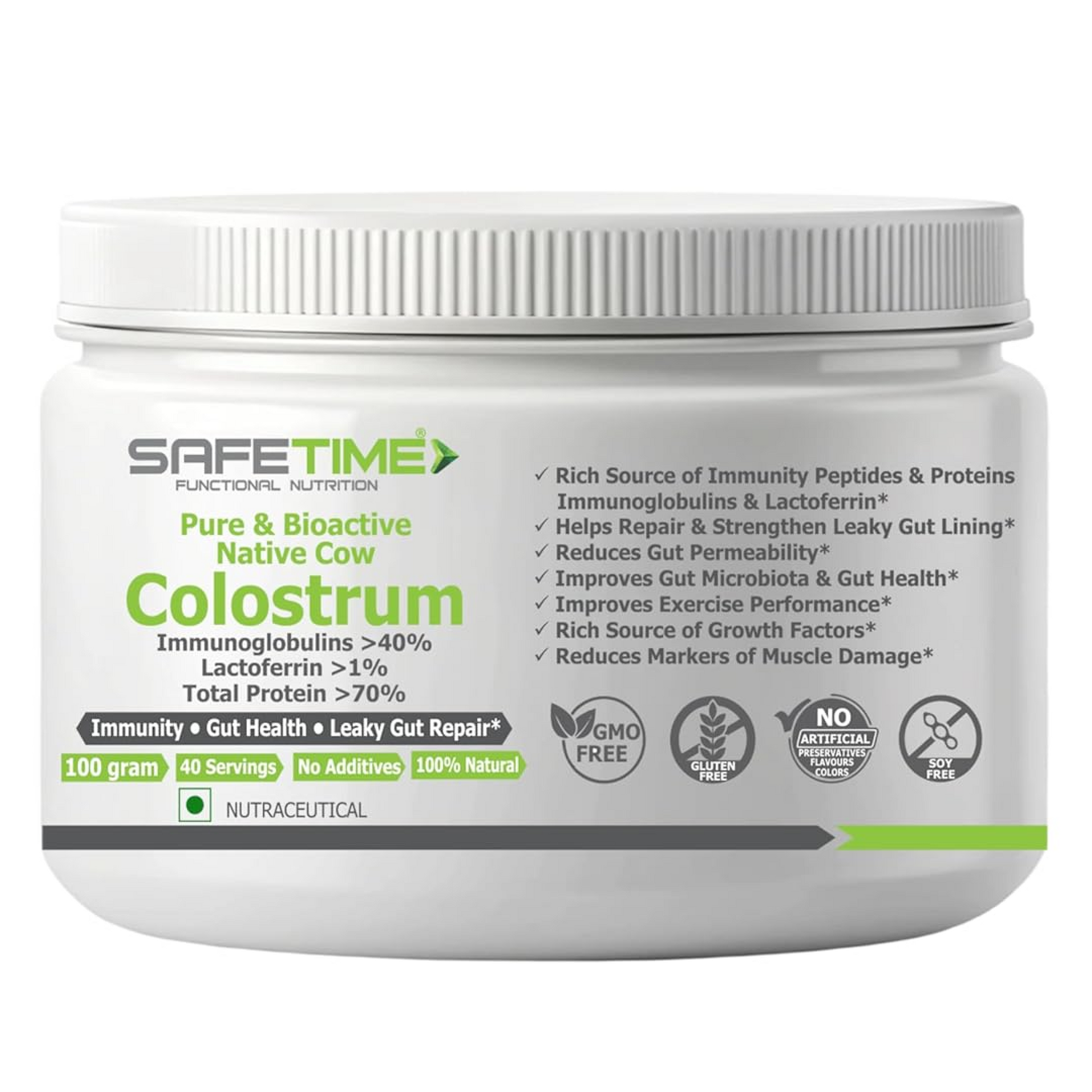 Jar of SafeTime Functional Nutrition Colostem on a white background