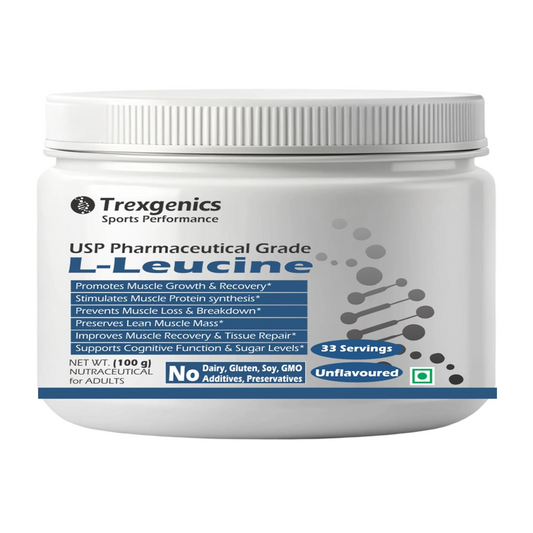 Trexegenics L-Leucine supplement container on a white background
