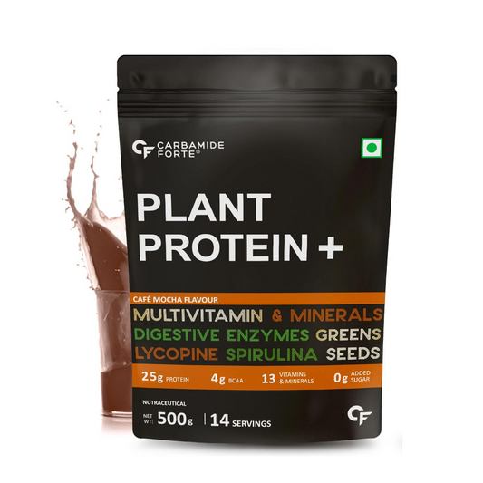 Carbamide Forte Plant Protein Powder - Plant Based Protein Powder With Multivitamin, Minerals, Superfoods, Pea Protein, Digestive Enzymes | Plant Protein Powder - Cafemocha Flavour 500Grams, 1 Scoop