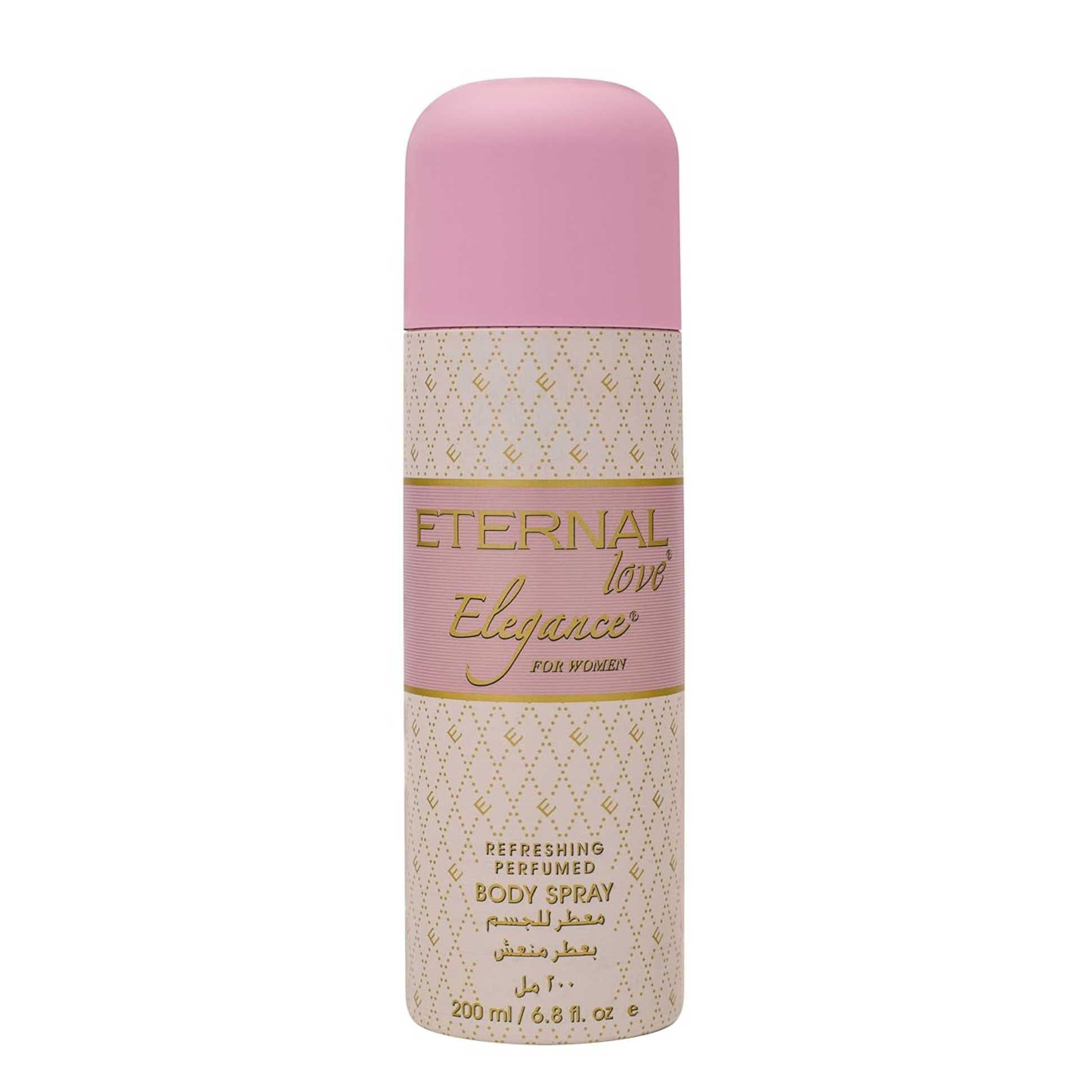 Body spray bottle with pink cap and gold text on a white background