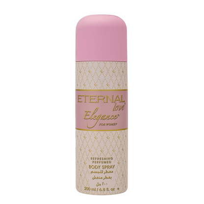 Body spray bottle with pink cap and gold text on a white background