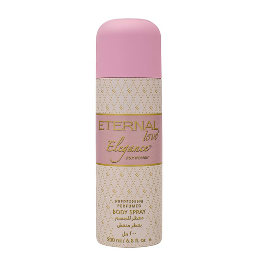 Body spray bottle with pink cap and gold text on a white background