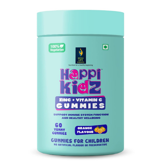Container of Happi Kidz Zinc + Vitamin C Gummies on a white background