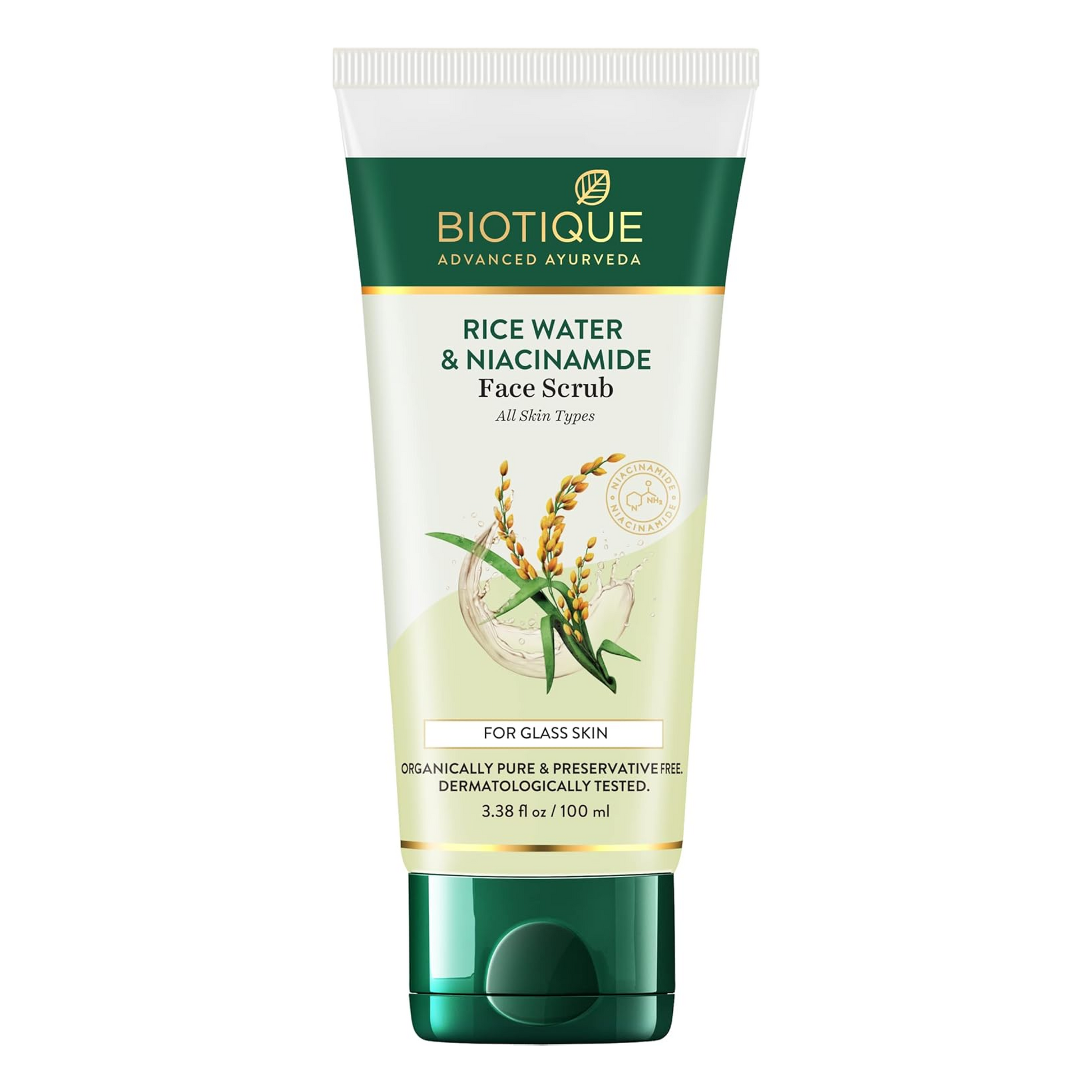 Biotique Rice Water & Niacinamide Face Scrub on a white background