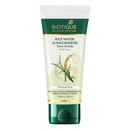 Biotique Rice Water & Niacinamide Face Scrub on a white background