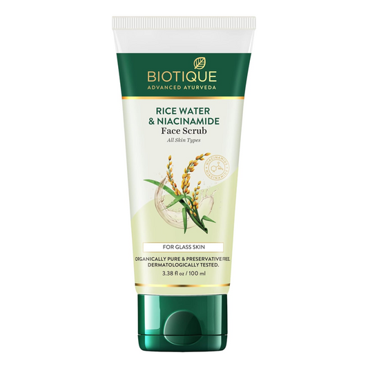Biotique Rice Water & Niacinamide Face Scrub on a white background