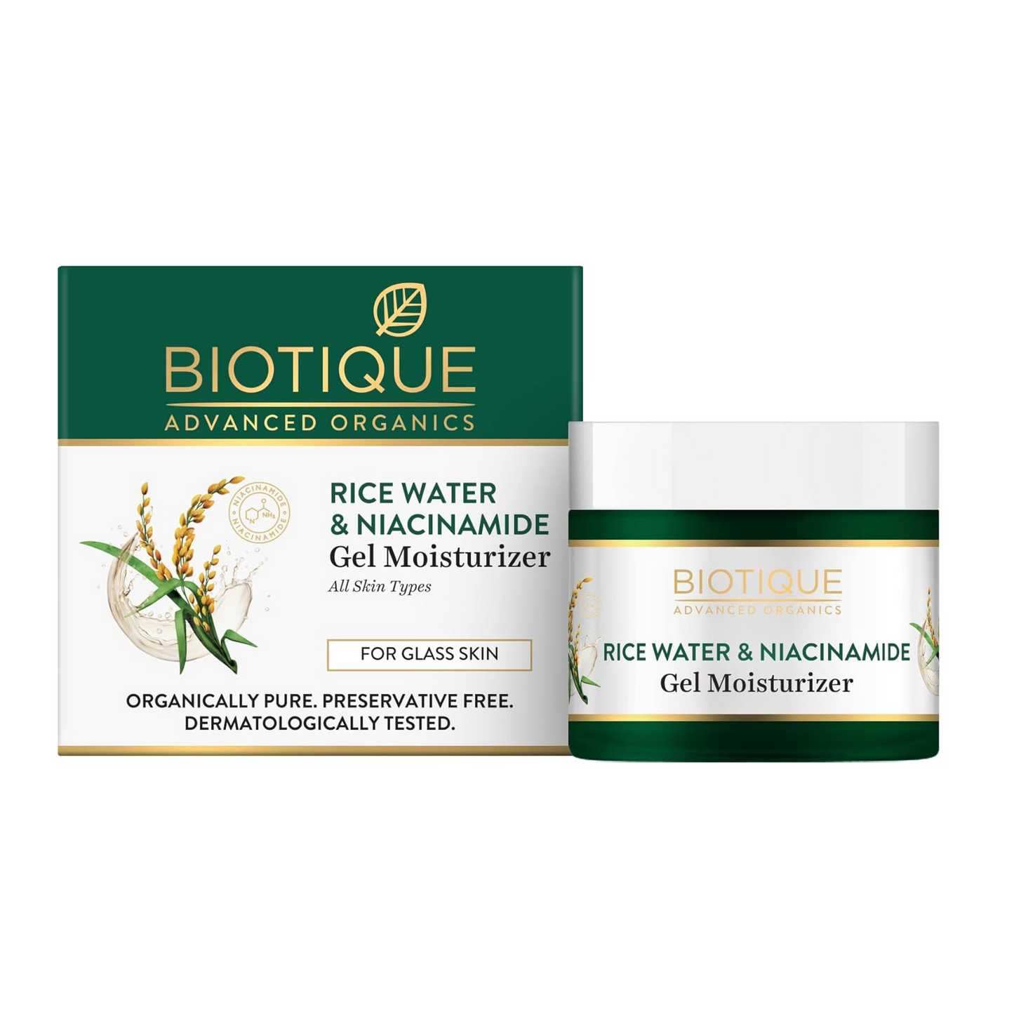 Biotique Rice Water & Niacinamide Gel Moisturizer packaging on a white background