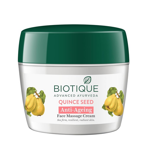 Biotique Quince Seed Anti-Ageing Face Massage Cream jar with green lid on a white background