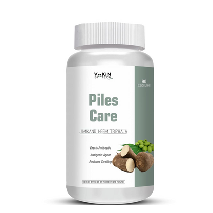 Bottle of 'Piles Care' capsules with ingredients on a white background