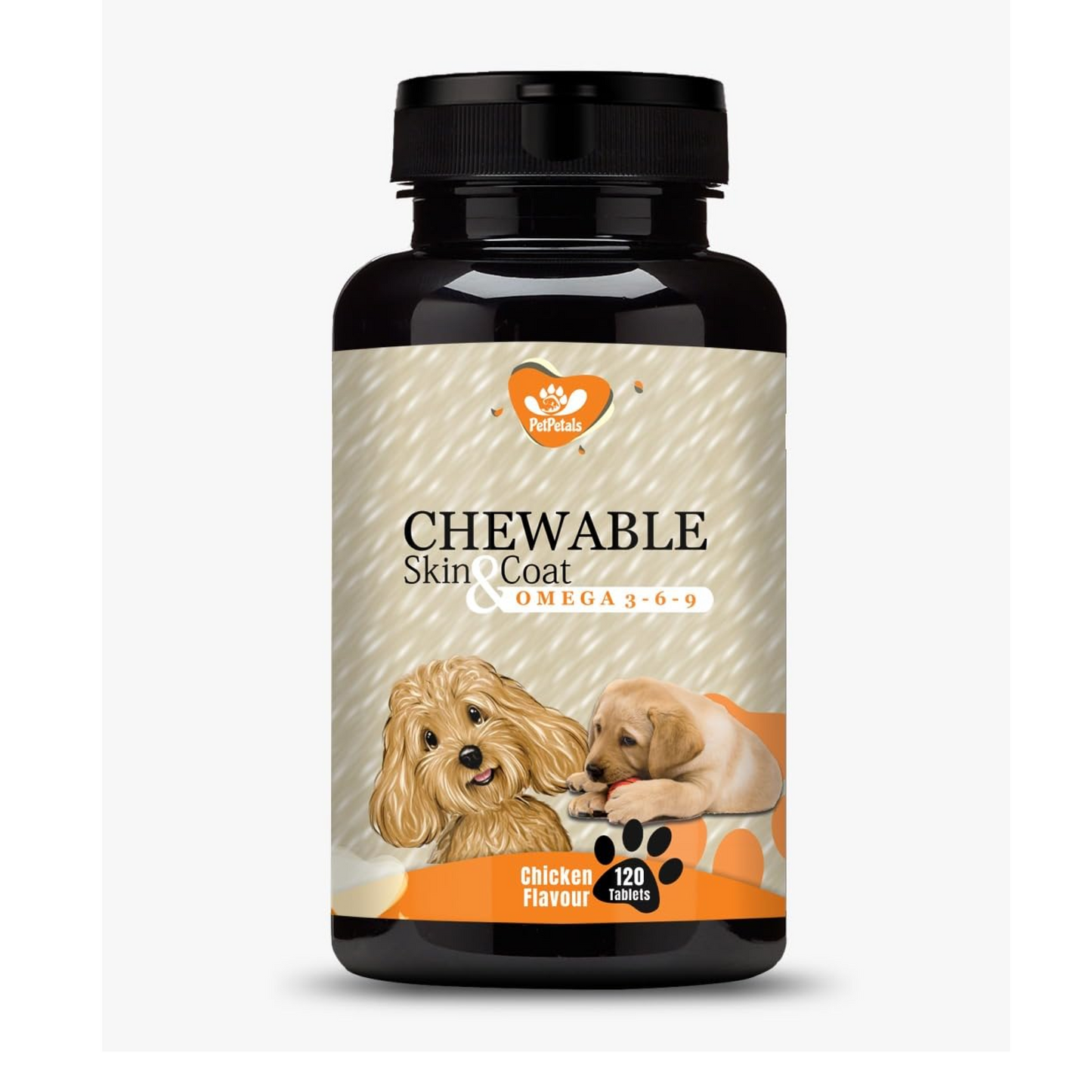 Bottle of chewable skin coat supplement for dogs with a label showing two dogs and text.