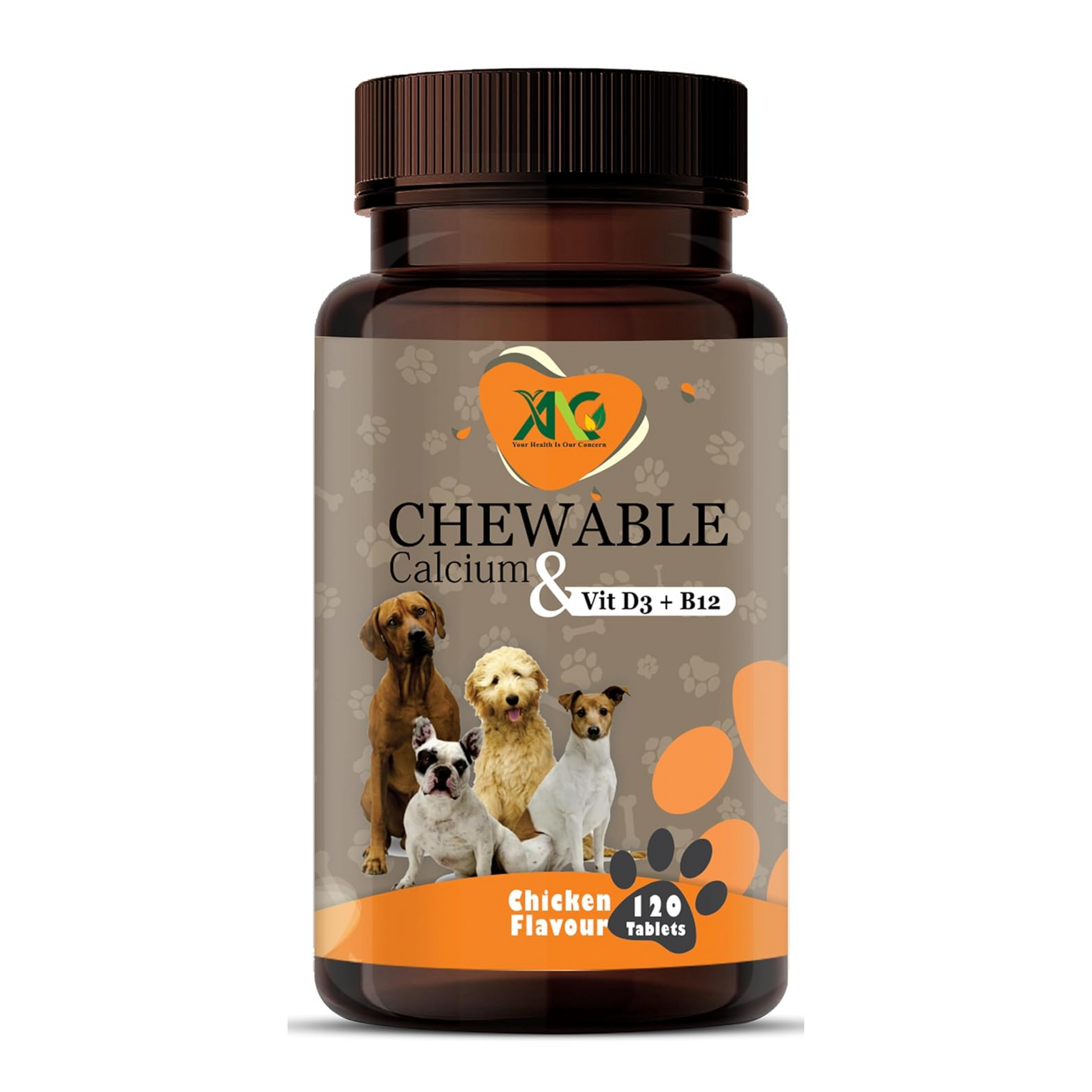 Bottle of chewable calcium supplement for dogs with a chicken flavor on a white background