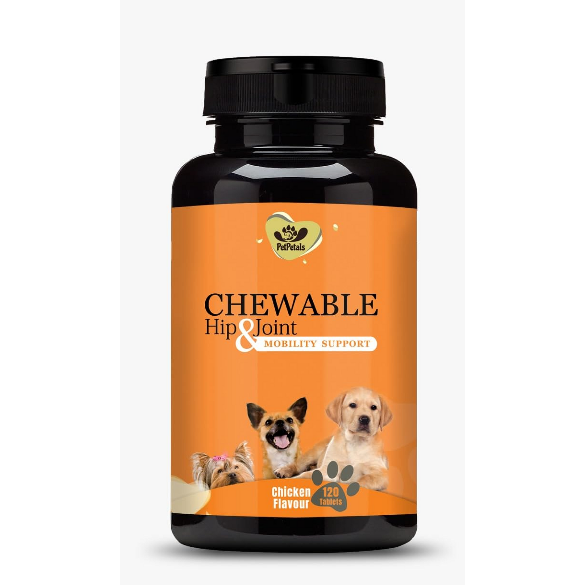 Bottle of chewable hip and joint support for dogs on an orange background