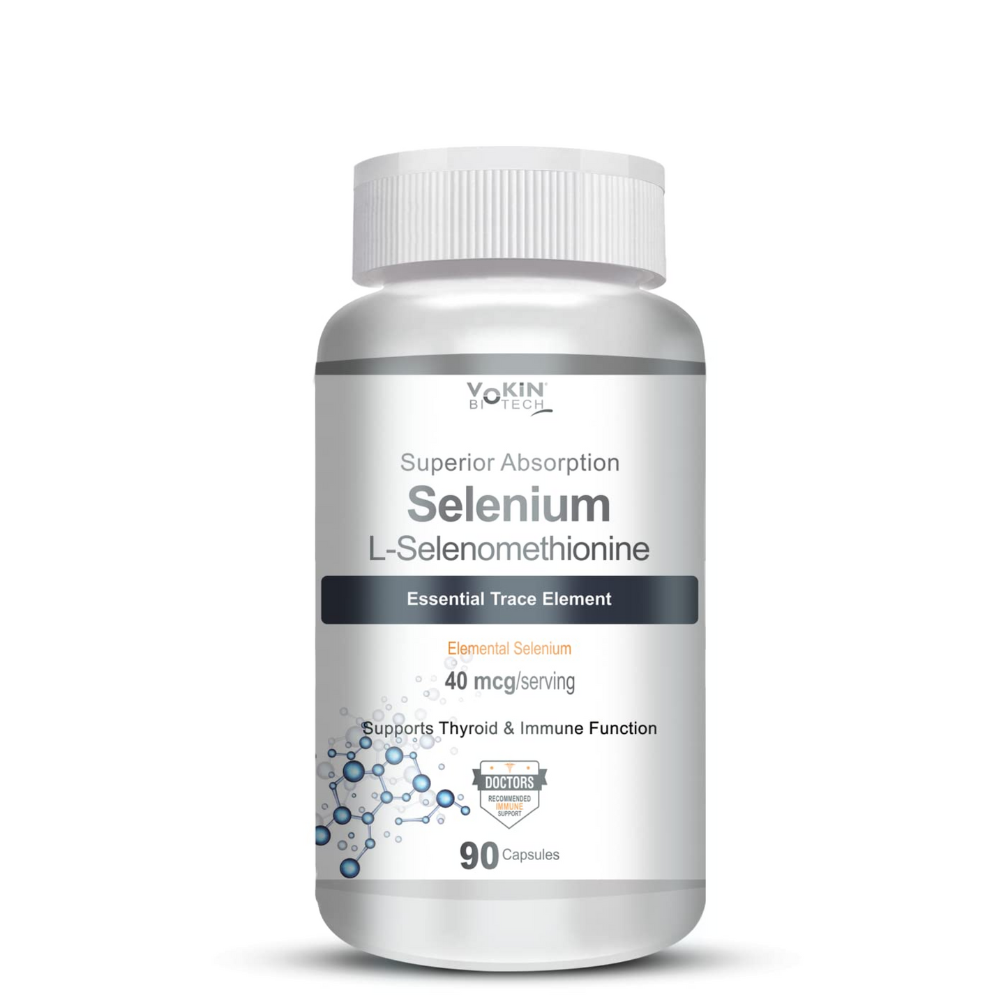 Vitamins bottle labeled 'Selenium L-Selenomethionine' on a white background