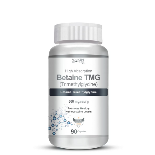 Bottle of Yokin Betaine TMG supplement on a white background