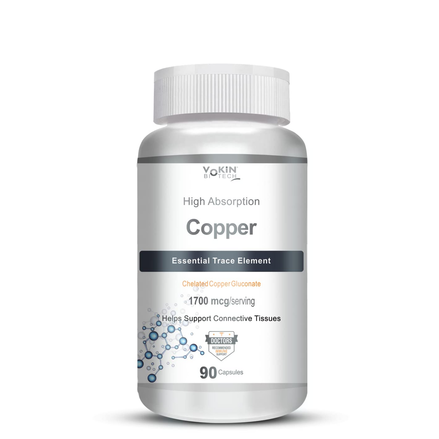 Bottle of Vokin Health Copper supplement on a white background