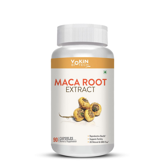 Supplement bottle labeled 'Maca Root Extract' by Yokin Biotech on a white background