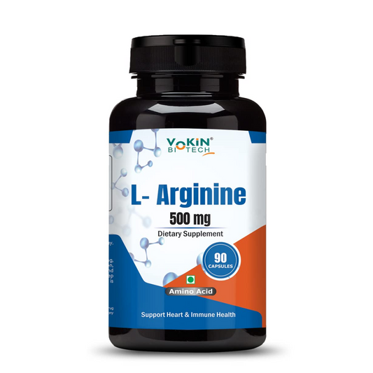 Bottle of Yokin Biotech L-Arginine 500 mg dietary supplement on a white background