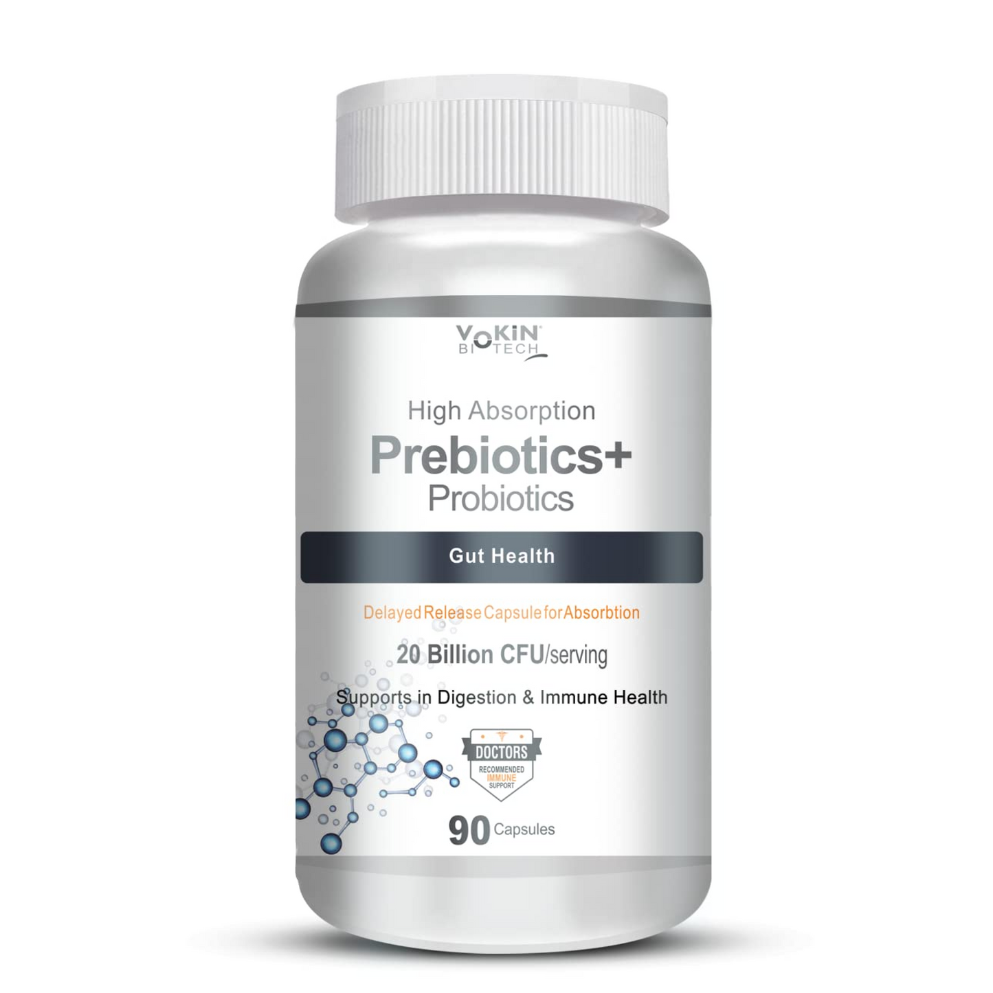 Vokin Biotech Prebiotics+ Probiotics bottle on a white background