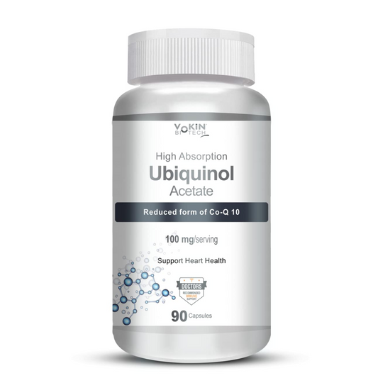 Bottle of Yokin Ubiquinol Acetate supplement on a white background