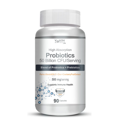 Probiotic supplement bottle with white label on a white background