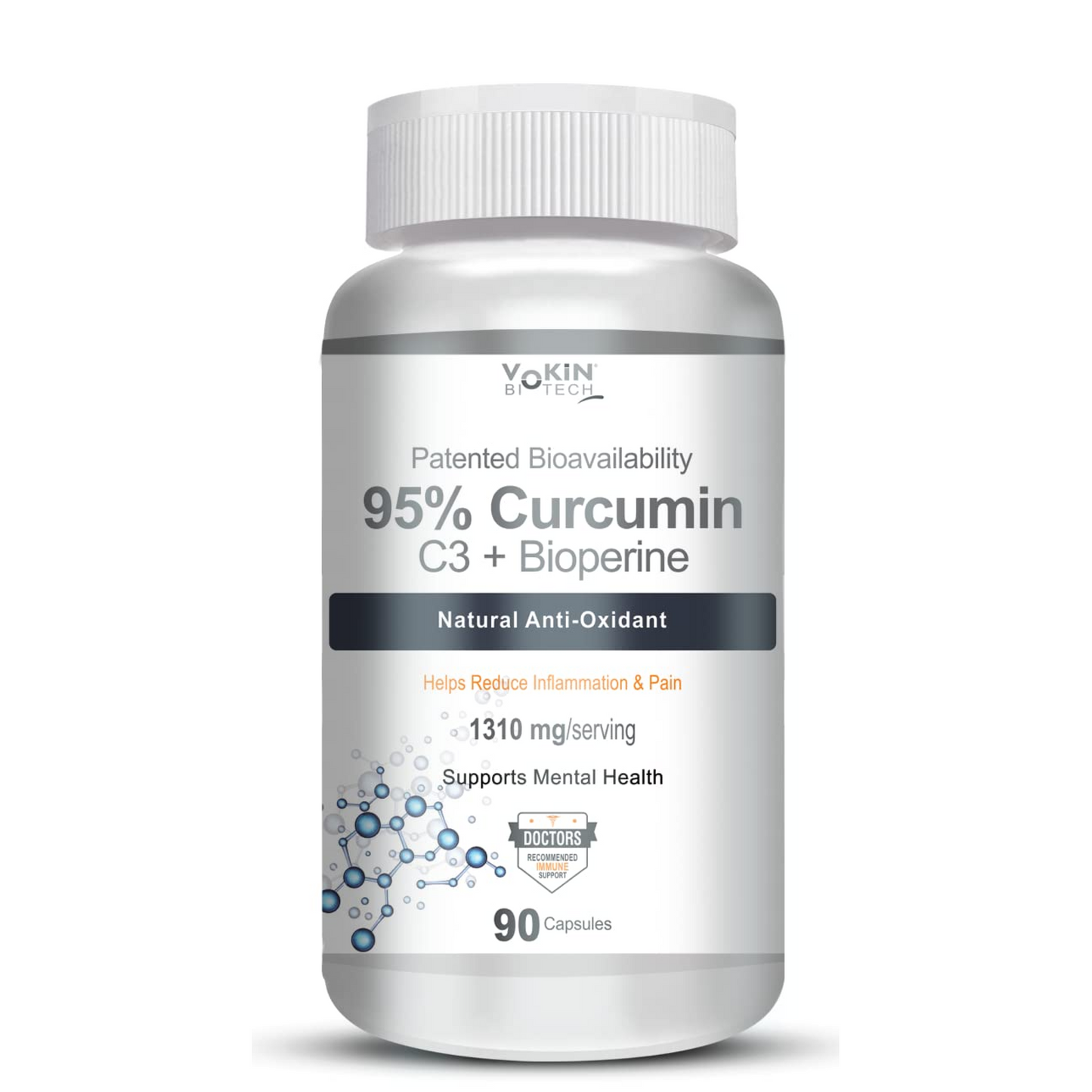 Vokin Health 95% Curcumin C3 + Bioperine supplement bottle on a white background