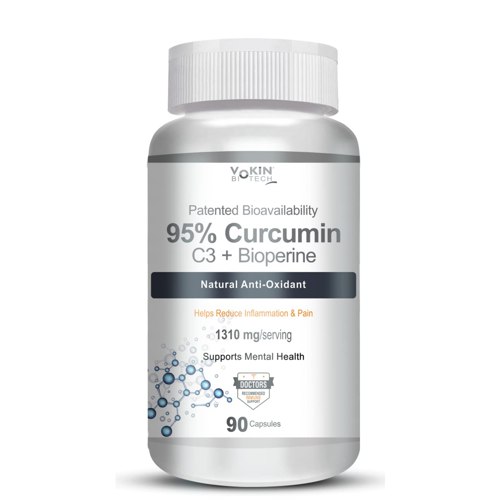 Vokin Health 95% Curcumin C3 + Bioperine supplement bottle on a white background