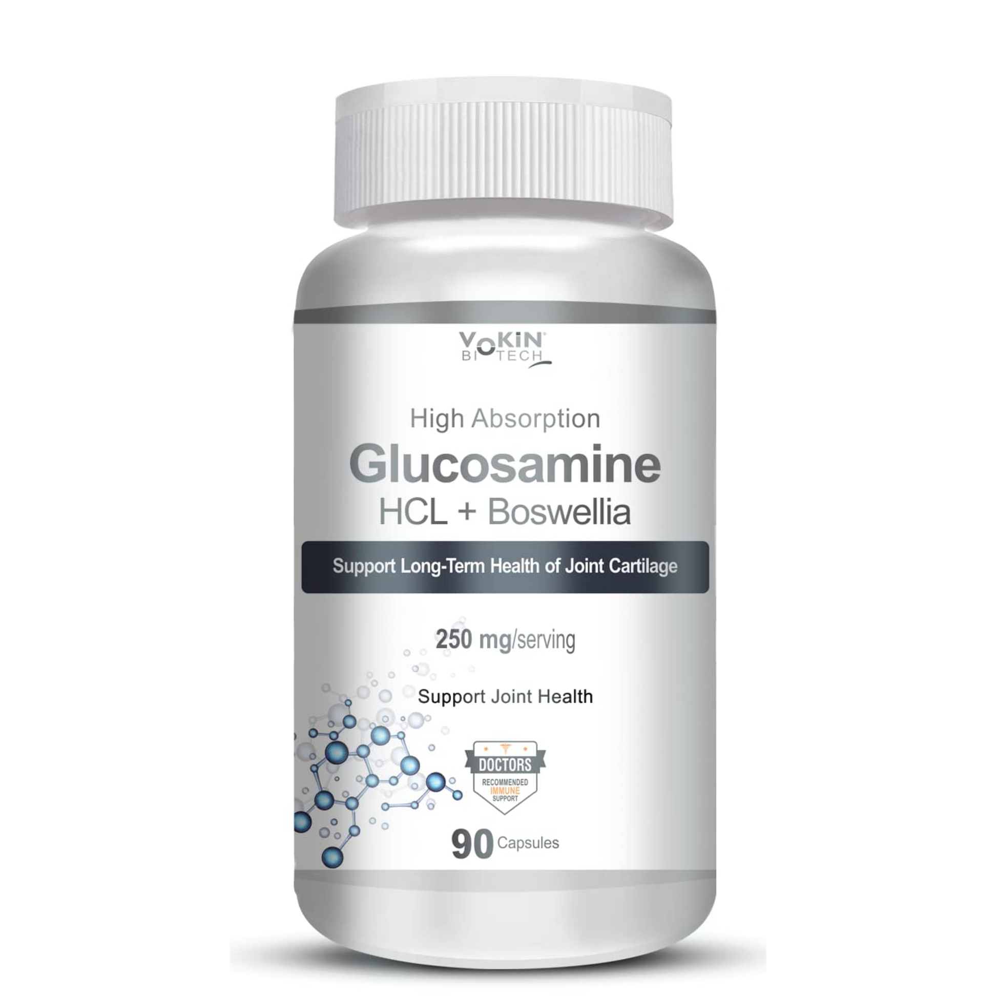 Bottle of Vokin Glucosamine HCL + Boswellia supplement on a white background