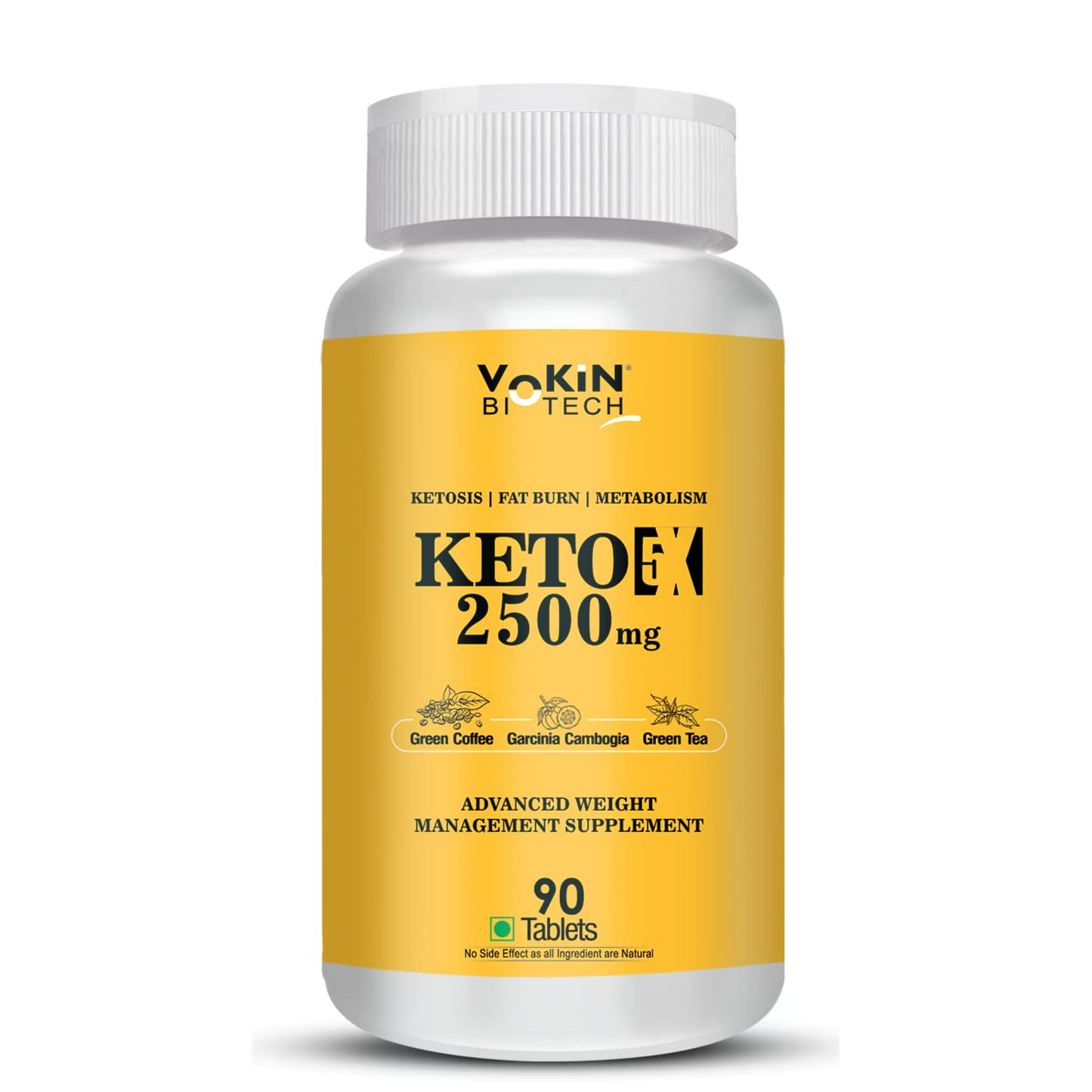 Supplement bottle labeled 'Keto 2500 mg' by Yokin Biotech on a white background