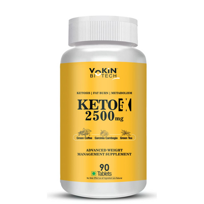 Supplement bottle labeled 'Keto 2500 mg' by Yokin Biotech on a white background