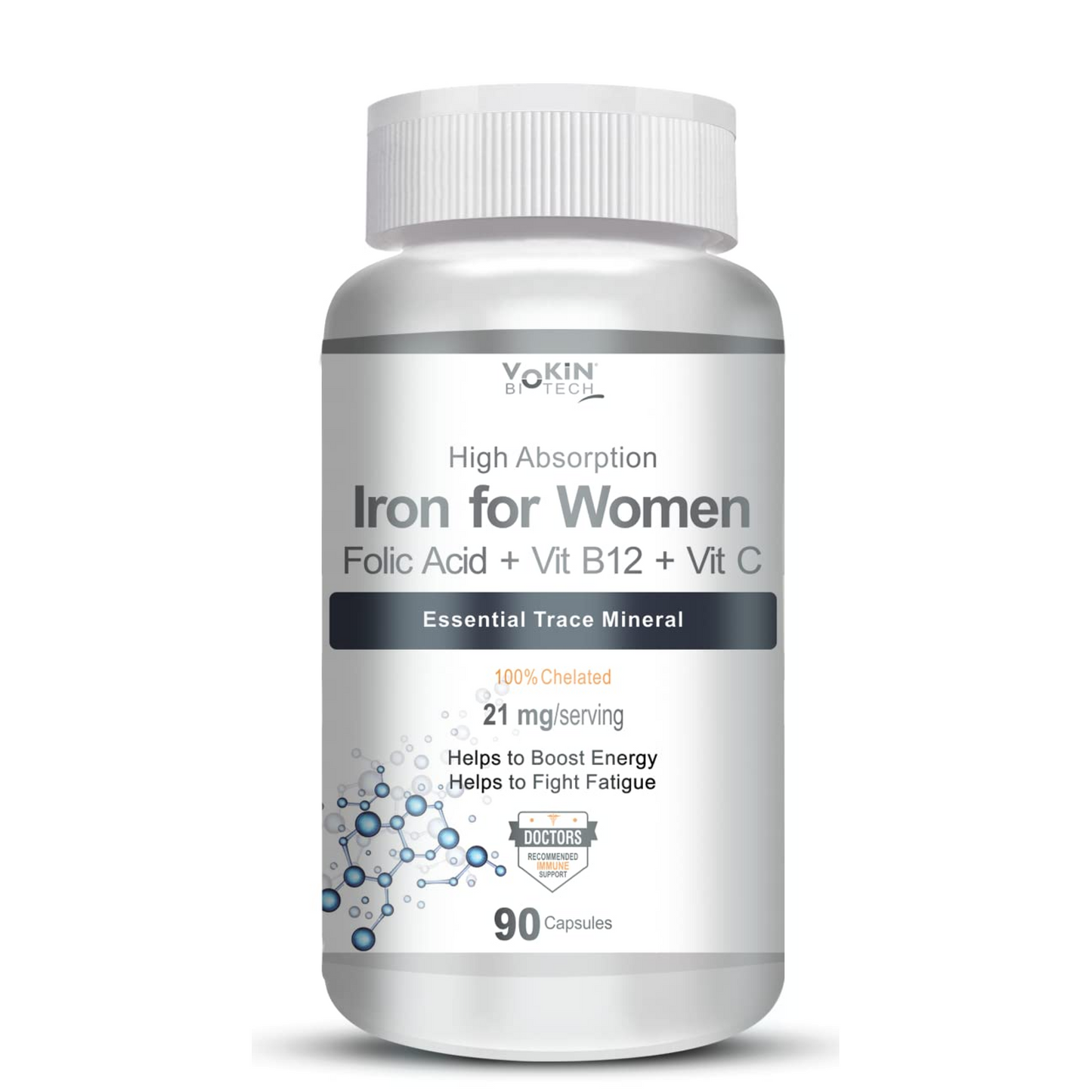 Bottle of iron supplement for women with label on a white background