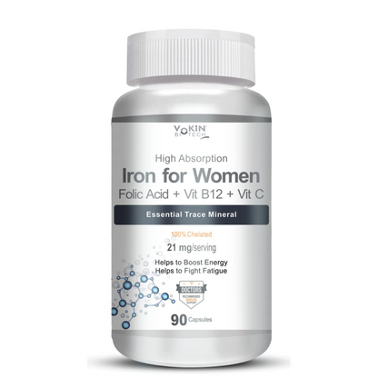 Bottle of iron supplement for women with label on a white background