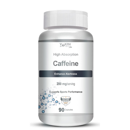 Bottle of caffeine supplement with label on a white background
