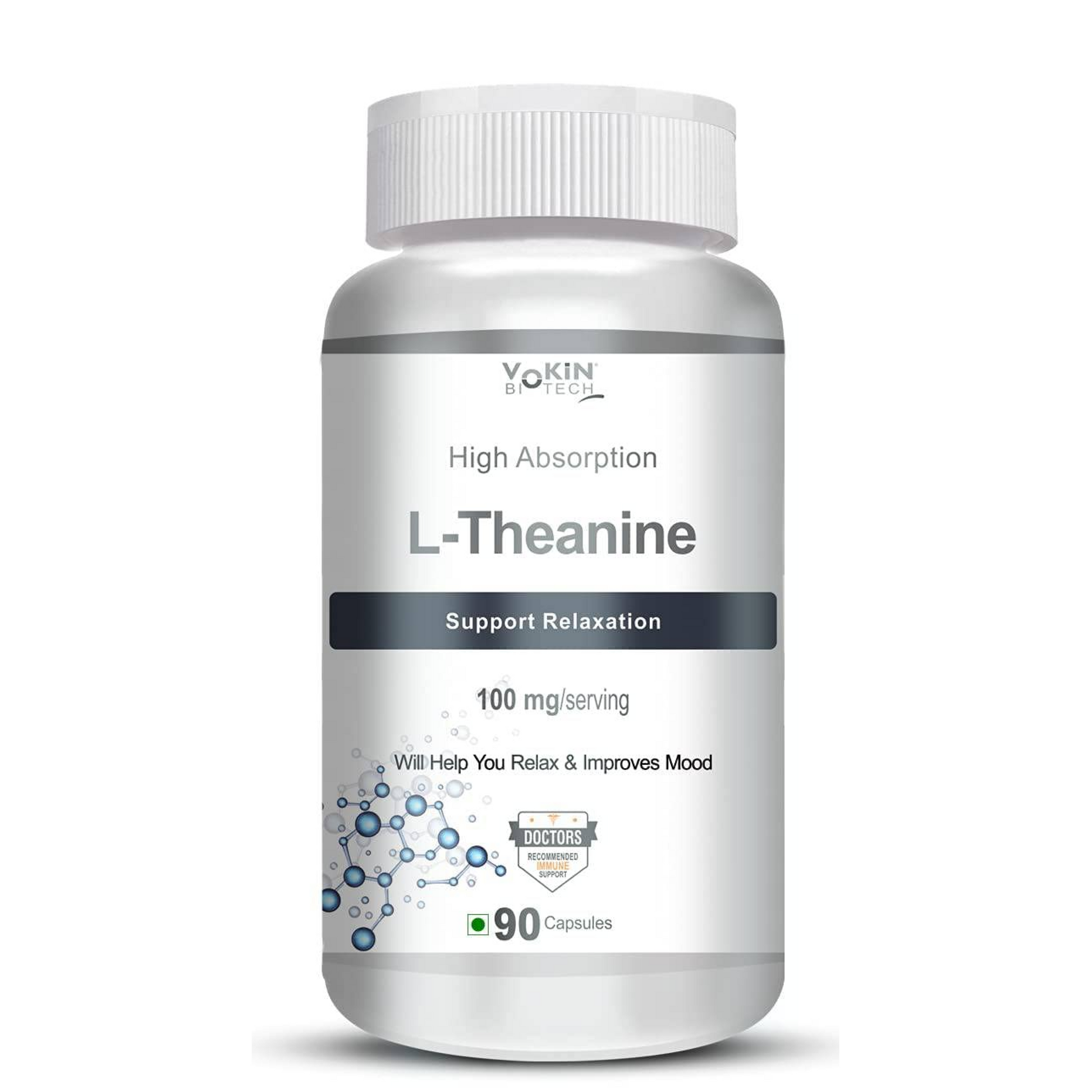 Bottle of L-Theanine supplement with white label on a white background