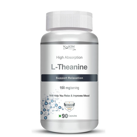 Bottle of L-Theanine supplement with white label on a white background