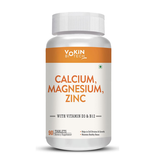 Supplement bottle labeled 'Calcium, Magnesium, Zinc' by Yokin Biotech on a white background
