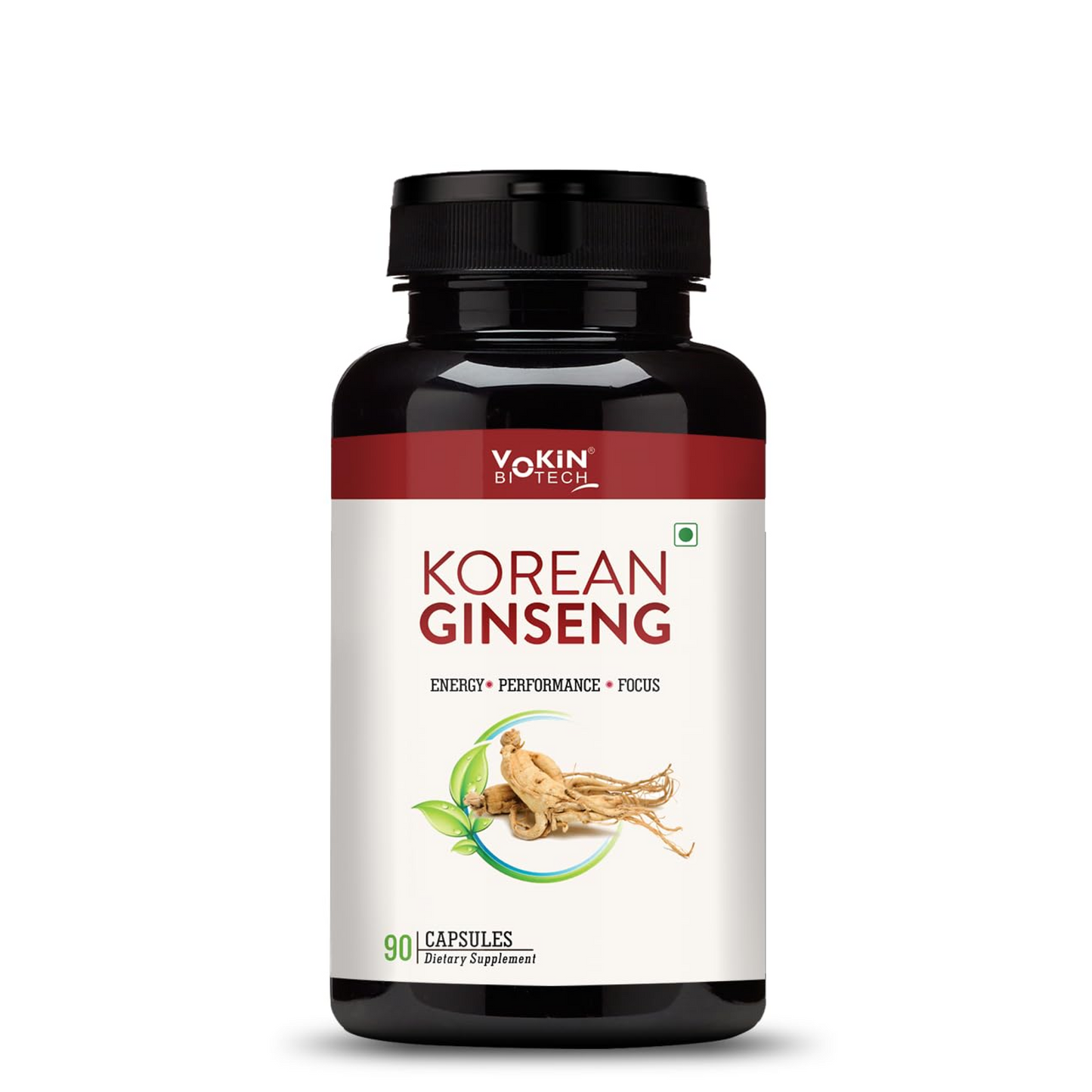 Bottle of Korean Ginseng supplement with Vokin Biotech label on a white background